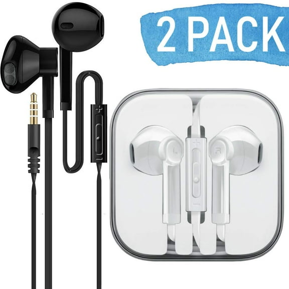 2-Pack In-Ear Premium Earphones/Earbuds/Headphones with Stereo Mic&Remote Control Compatible for iPhone iPad iPod Samsung Galaxy and More Nexus Android Smartphones 3.5 Audio Jack - White + Black