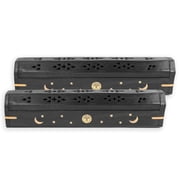 2 Pack - Incense Stick Holder - Coffin Style - Wood Incense Stick Burner with Sun Moon Star Inlays Handmade with Brass Inlays Black