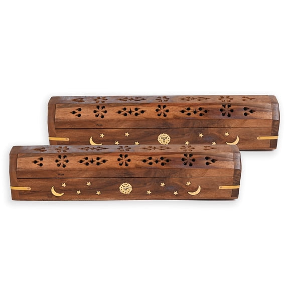2 Pack - Incense Stick Holder - Coffin Style - Wood Incense Stick Burner with Sun Moon Star Inlays Handmade with Brass Inlays (Natural)