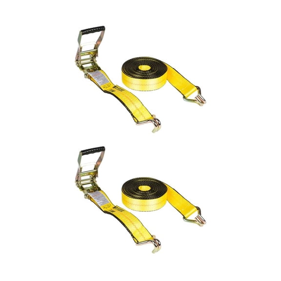 2 Pack 2 Inch x 50 FT Heavy Duty Ratchet Straps with Double J Hooks | 10,000 lbs. Breaking Strength Yellow Tie Down Straps w/Wire Hooks for Industrial Use, Trailers, Truck & Cargo.