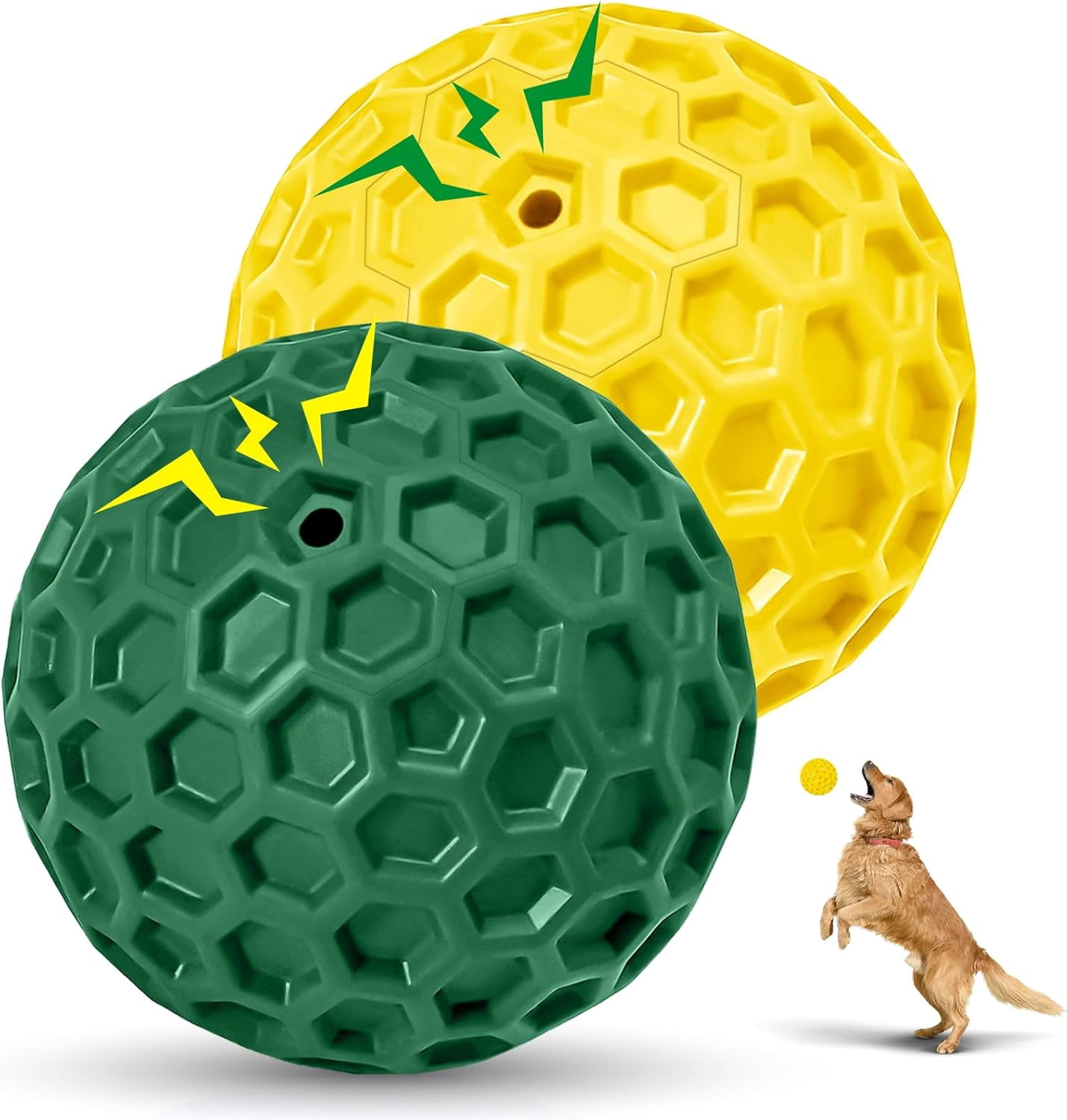 2 Pack Indestructible Squeaky Dog Balls for Aggressive Chewers, Durable Rubber Chew Toys for Teething, Anxiety Relief Perfect for Large, Medium Breeds, Indoor Outdoor Use Green+Yellow