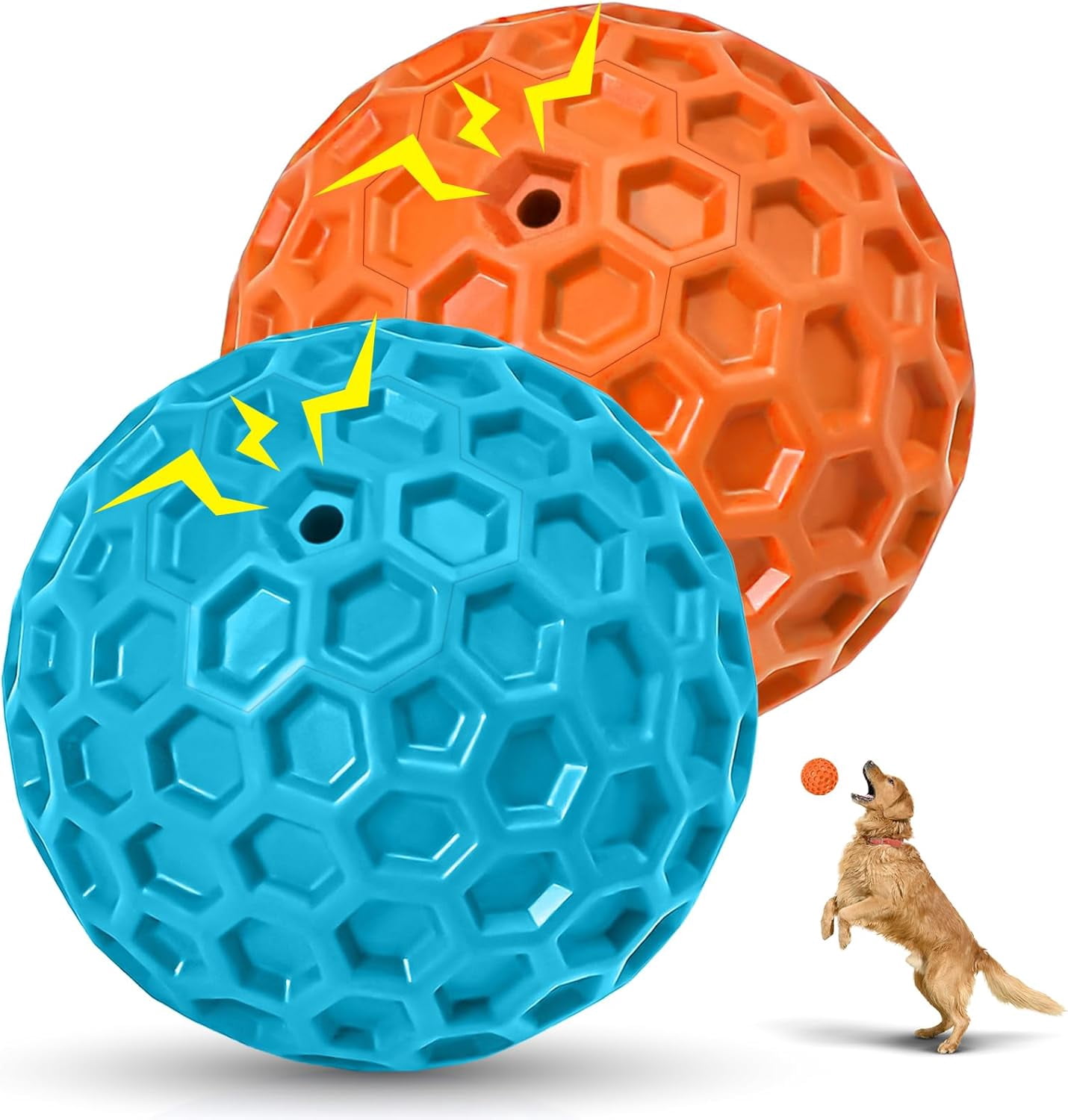 2 Pack Indestructible Squeaky Dog Balls, Cleans Teeth, Relieves Anxiety, Interactive Dog Toy for Aggressive Chewers, Rubber Ball Breeds, Outdoor Waterproof Azure+Orange