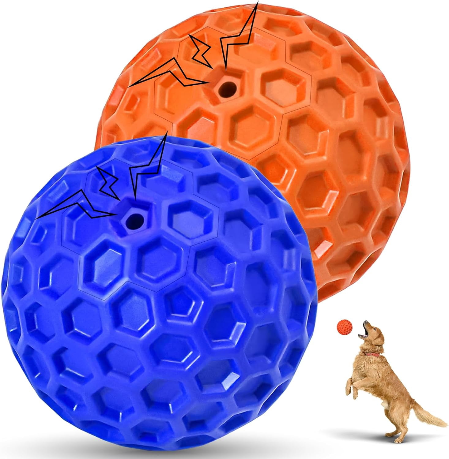 2 Pack Indestructible Squeaky Dog Balls, Cleans Teeth, Relieves Anxiety, Interactive Dog Toy for Aggressive Chewers, Rubber Ball Breeds, Outdoor Waterproof Blue+Orange