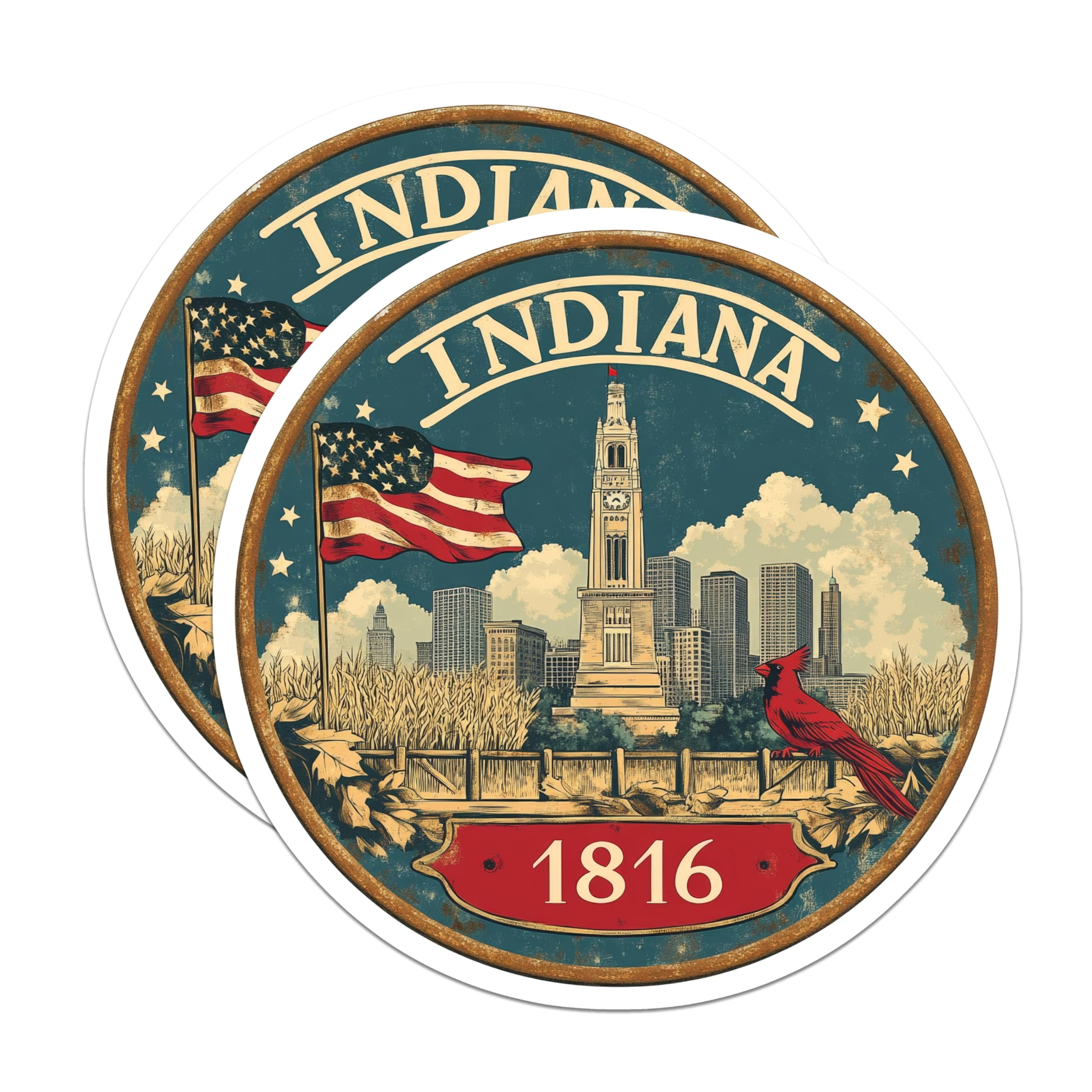 (2 Pack) Indiana State Stickers - American Flag - Cardinal Bird Seal ...