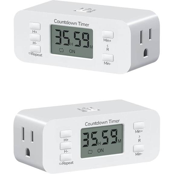 2 Pack Indoor Countdown Timer Outlet, Timers for Electrical Outlets Indoor, Large Screen and Repeat Function, Up to 36 Hours, Auto Shut Off for Fan, Lights, Charger, 125V 60Hz