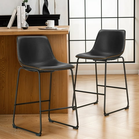 2-Pack Indoor Counter Bar Stools, Modern Metal Faux Leather Barstools, Brown, 26 inch
