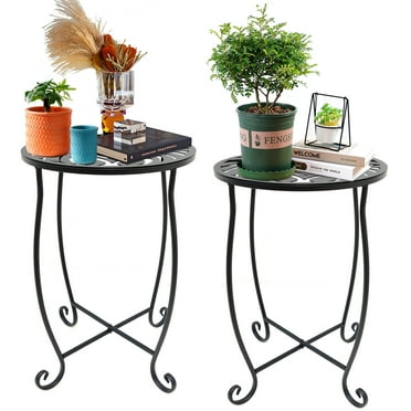 2 Pack Indoor Outdoor Side Tables, Weather Resistant Metal Patio Side Table, Small Round Outdoor End Table Side Table for Patio Yard Porch Balcony Garden Bedside, Plant Stand for Indoor Outdoor