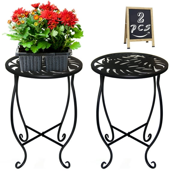 2 Pack Indoor Outdoor Side Tables, Weather Resistant Metal Patio Side Table, Small Round Outdoor End Table Side Table for Patio Yard Porch Balcony Garden Bedside, Plant Stand for Indoor Outdoor