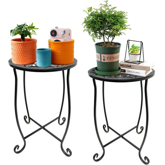 2 Pack Indoor Outdoor Side Tables, Weather Resistant Metal Patio Side Table, Small Round Outdoor End Table Side Table for Patio Yard Porch Balcony Garden Bedside, Plant Stand for Indoor Outdoor