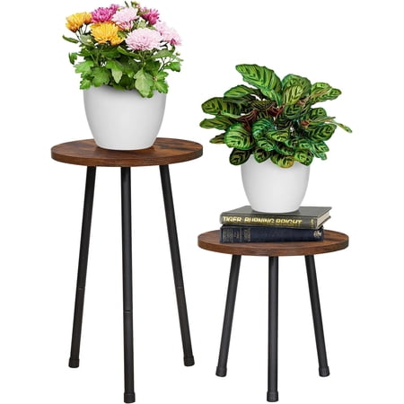 2 Pack Indoor Plant Stand, Mid-Century Wooden Style Plant Holder, Indoor Outdoor Flower Stand,Small Round Table, Two Different Sizes(Black)