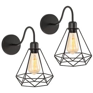 2 Pack Industrial Black Wall Sconces, Diamond Cage Vanity Lights, E26 Base