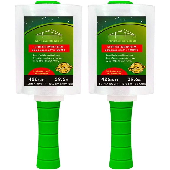 2-Pack Industrial Mini Clear Stretch Wrap Film 80 Gauge 5.1" 1000ft for Pallet Wrap with Plastic Handle,Durable Self-Adhering Packing,Moving,Packaging,Heavy Duty Shrink Film