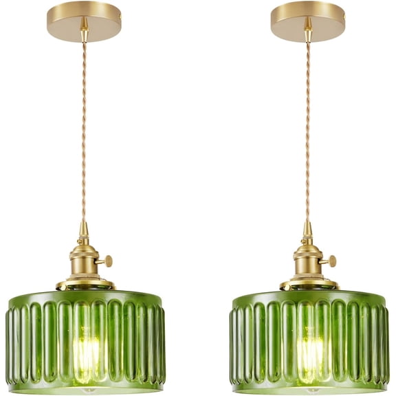 2 Pack Industrial Pendant Lighting, Modern Green Glass Shade Farmhouse Adjustable Hanging Light Fixtures for Kitchen Island Living Room Bedroom Hallway, Green