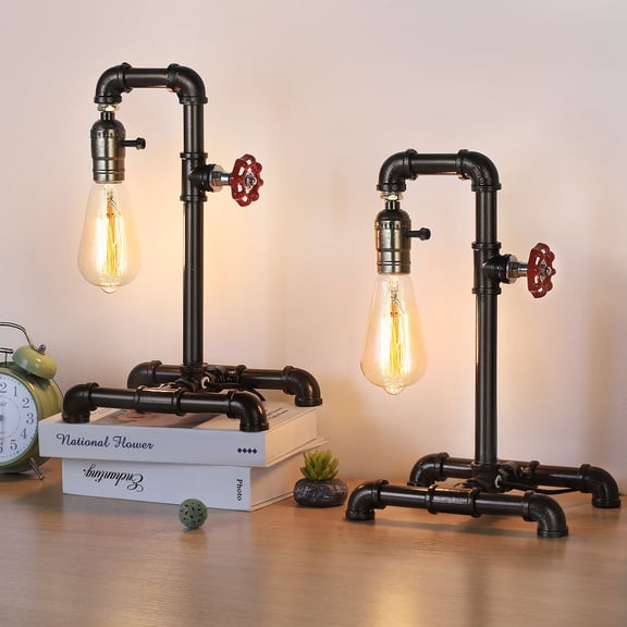 2 Pack Industrial Pipe Desk Lamps, 13.7" Vintage Steampunk Table Lamps with Red Valve Handle, Metal Base, Rotary Switch, for Bedroom, Office, Bar