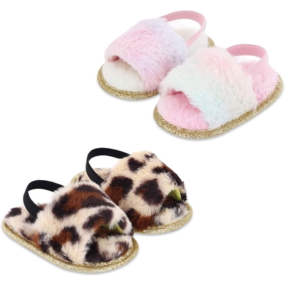 2 Pack Infant Baby Girls Sandals Elastic Back Strap Flats Slippers Soft Toddles Princess Shoes Faux Fur Slides Shoes First Walker House Shoes