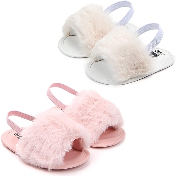 2 Pack Infant Baby Girls Sandals Elastic Back Strap Flats Slippers Soft Toddles Princess Shoes Faux Fur Slides Shoes First Walker House Shoes
