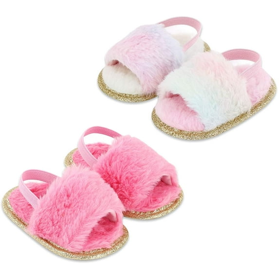 2 Pack Infant Baby Girls Sandals Elastic Back Strap Flats Slippers Soft Toddles Princess Shoes Faux Fur Slides Shoes First Walker House Shoes
