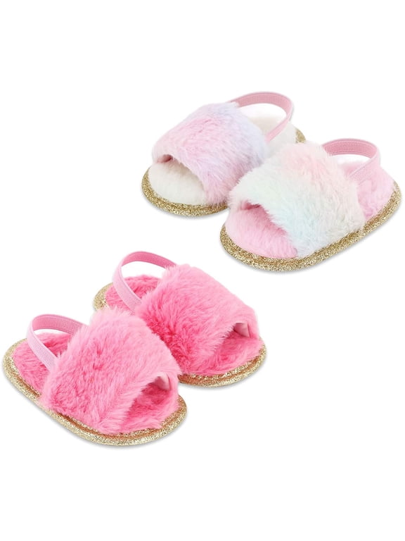 2 Pack Infant Baby Girls Sandals Elastic Back Strap Flats Slippers Soft Toddles Princess Shoes Faux Fur Slides Shoes First Walker House Shoes