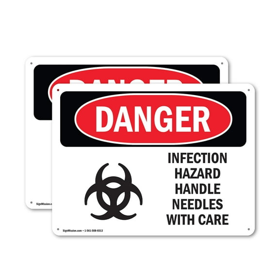 (2 Pack) Infection Hazard Handle Needles With Care OSHA Danger Sign 18 Inch X 12 Inch Indoor / Outdoor Rust-Free Aluminum Metal Signs for Workplace, Workshop, and Construction Site,