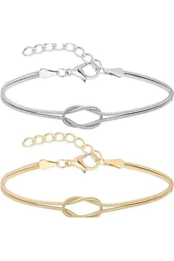 2 Pack Infinity Knot Snake Chain Bracelets for Women, Gold Tone & Silver Tone Plated Alloy Dainty Stackable Wristbands, Forever Love Symbol Fashion Costume Jewelry Gift for Birthday Valentine Daily W