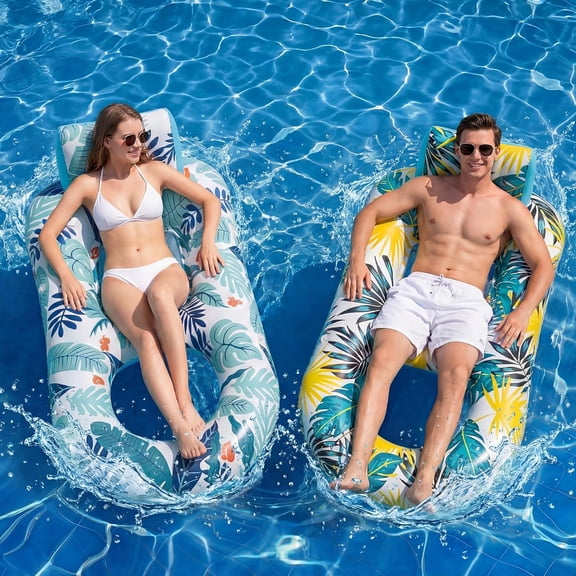 2 Pack Inflatable Heavy Duty Pool Floats Lounger, Giant Pool Floats Adult Size with Backrest & Footrest, Pool Rafts Floaties for Beach Lake Party - Multicolor