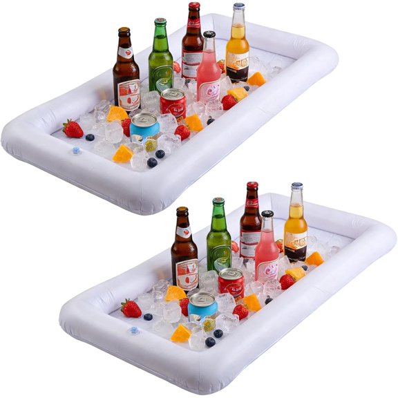 2 Pack Inflatable Ice Serving Bar Pool Party Buffet Drink Cooler Floating Ice Tray Food Drink Containers for Summer Parties with Inflatorce