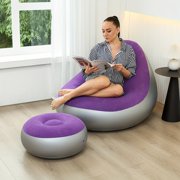 2 Pack Inflatable Lazy Sofa with Footstool Set, Thick Heavy Duty Blow Up Recliner, Plush Foldable Air Couch, with Inflation Pump for Home Dorm Balcony Outdoor Camping Leisure
