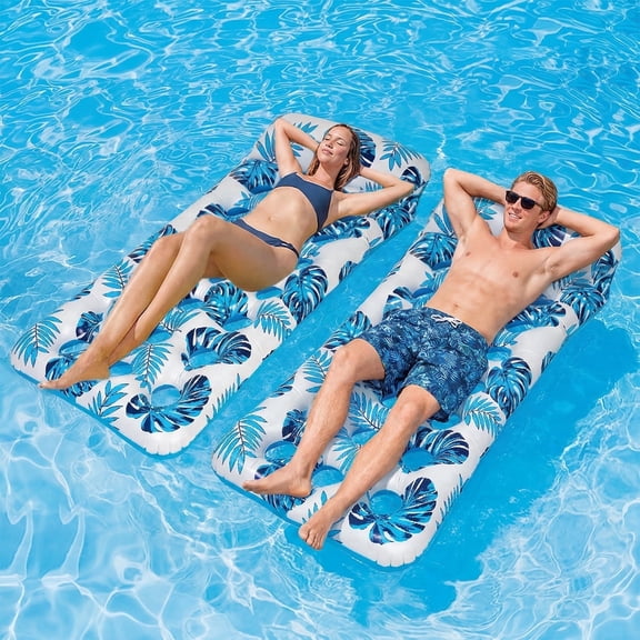 Mighty Rock 2 pack Inflatable Pool Float Mat 73"x34" Adult Lounger Float with Headrest Pool Lounge Chair Floating Blue