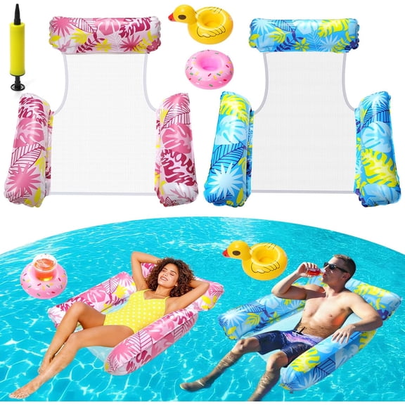 2 Pack Inflatable Pool Floats with 2 Drink Holders and 1 Air Pump, 4 in 1 Water Hammock with Cool Mesh Adult Swimming Pool Float Chair Sofa Lounger Saddle Toys for Beach Seaside Lazy River Hot Tub