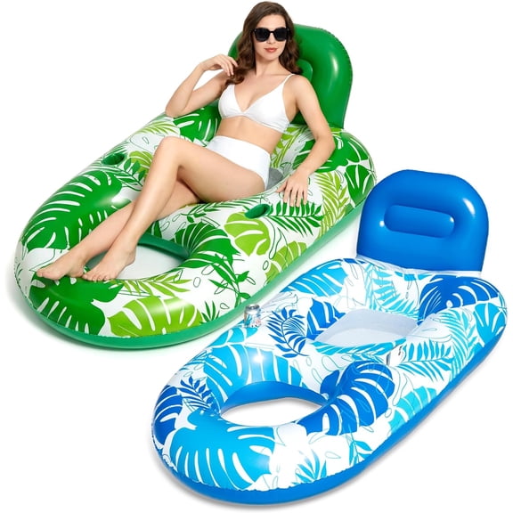 2 Pack Inflatable Pool Loungers, 65"42" Adult Float Rafts with Backrest & Cup Holders, for Pool, Lake, Beach, Party & Travel