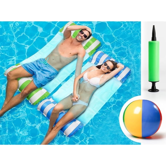 2 Pack Inflatable Pool Floats Adult Size Water Hammock with Pool Ball, Pool Rafts Lounge Chairs Floating 4-in-1 Multi-Purpose Pool Floaties Toys Floats for Swimming Pool for Adults Vacation Fun Rest