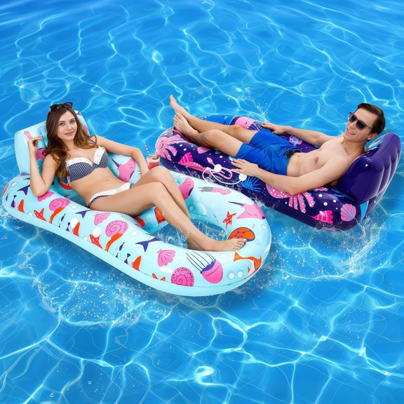 2 Pack Inflatable Pool Floats for Adults, Heavy Duty Pool Lounger Raft with Backrest, Footrest & Cup Holder, Extra Large Lake Floats for Summer Beach Swimming Party