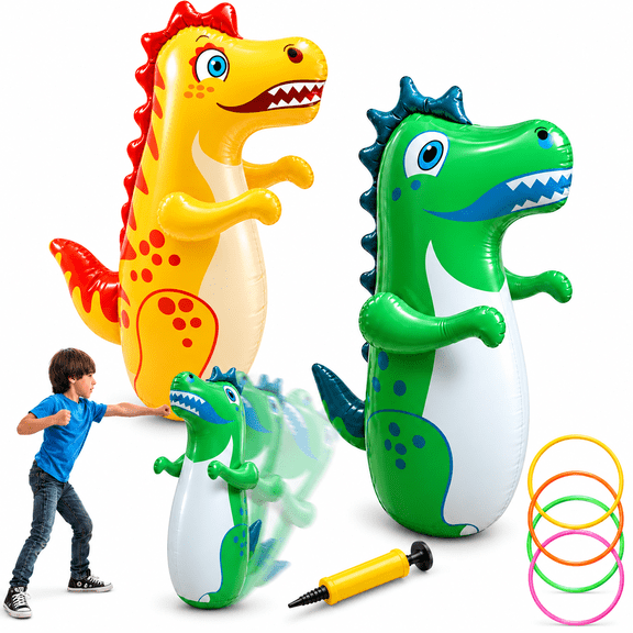PENDALI 2 Pack Inflatable Punching Bags, 38 in Portable Dinosaur Boxing Bags with 4 Ring Toss Rings for Boxing Training, Party Games, Green & Yellow