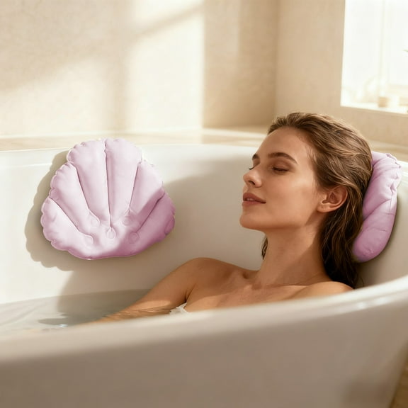 2 Pack Inflatable Seashell Bath Pillow Soft Spa Headrest With Suction Cups Comfortable Neck Support White Blue Pinky