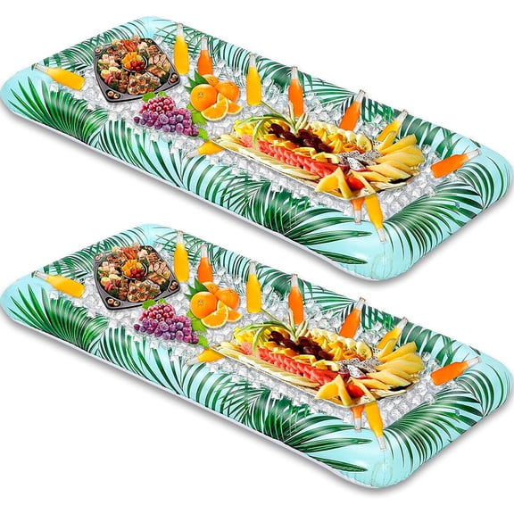 2-Pack Inflatable Serving Bars Cooler - Leaf Pattern Inflatable Cooler Ice Buffet Salad Serving Trays with Drain Plug, Food Drink Cooler for Indoor Outdoor Summer Picnic Pool Beach Luau Party