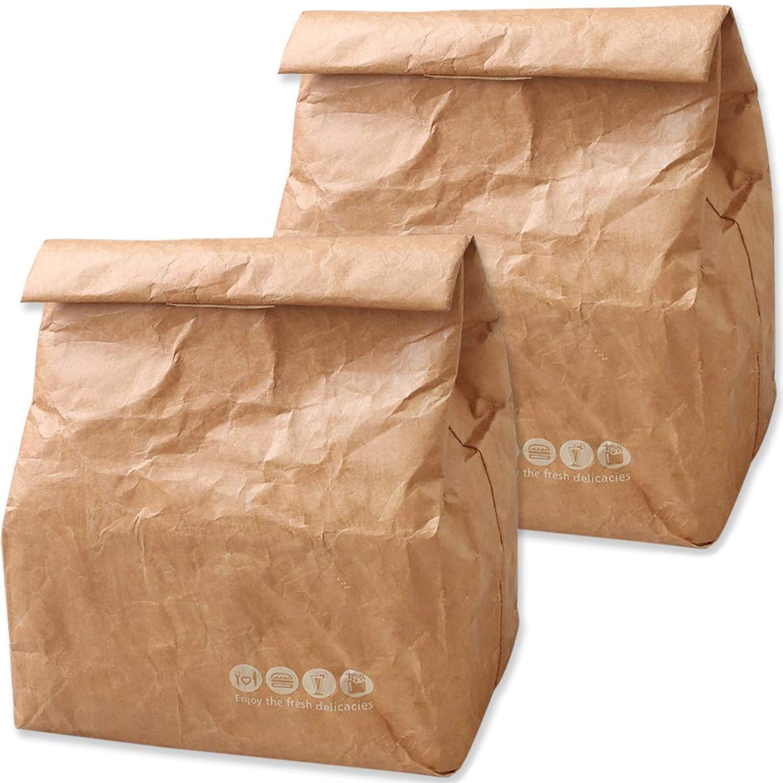 2 Pack Insulated Brown Paper Lunch Bags Reusable, Retro Lunch Sacks for Adults Work Office, Brown Paper - 10" x 8" x 4.3"