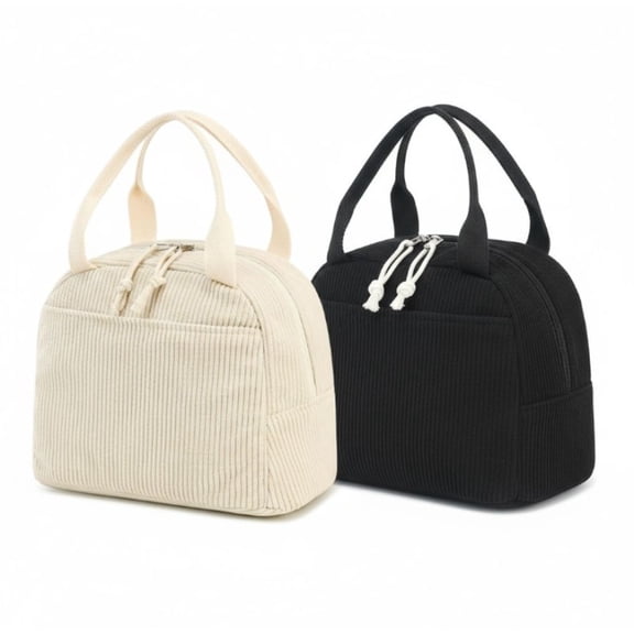 2-Pack Insulated Lunch Bags for Women (Solid & Plaid) - Stylish Corduroy Tote with Aluminum Lining, Water-Resistant Cooler for Work, Travel & Beach