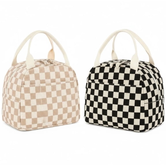 2-Pack Insulated Lunch Bags for Women (Solid & Plaid) - Stylish Corduroy Tote with Aluminum Lining, Water-Resistant Cooler for Work, Travel & Beach