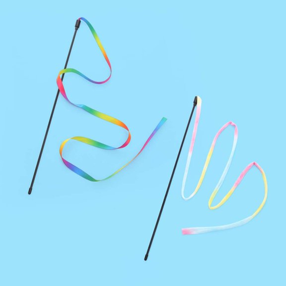 2 Pack Interactive Cat Rainbow Teaser Wand, Lightweight Elastic Play Stick with Colorful Gradient Satin Ribbon, Non-Toxic Safe Indoor Kitten Exercise Interactive Play Toy for Daily Bonding
