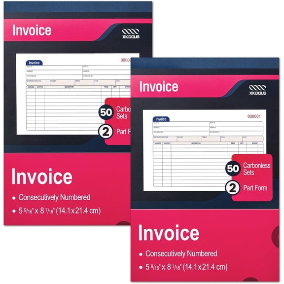2 Pack Invoice Book, 2-Part Carbonless, 5-9/16" x 8-7/16" Invoice Receipt Book for Small Business, 50 Sets per Book