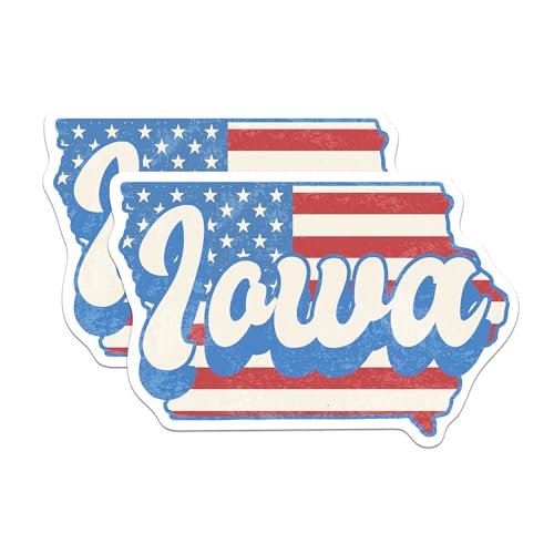 (2 Pack) Iowa State Outline Stickers - IA State Shape with USA Flag - 5 Inches On Longest Side - Premium Vinyl - Choose Your State - for Cars, Skateboards, Laptops - Made in USA - BMCS1141