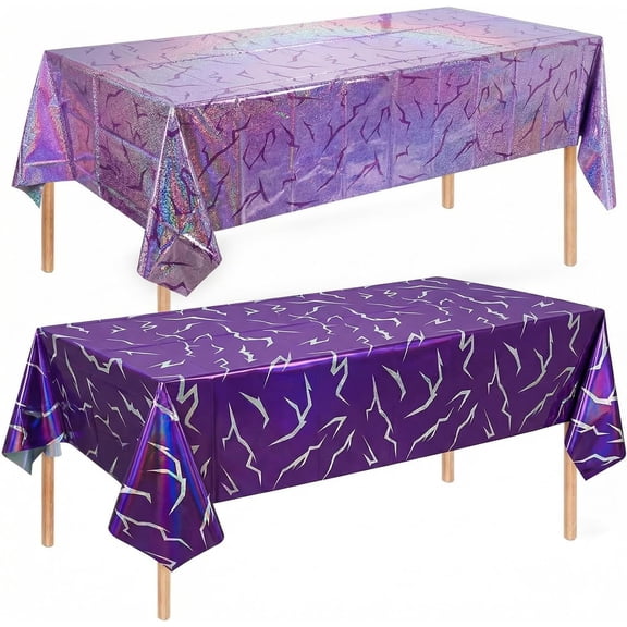 2 Pack Iridescent Holographic Tablecloth, 54 x 108 Inch Purple Lightning Pattern Disposable Plastic Table Cover, Waterproof Rectangle Tablecloth for Birthday Party, Disco Theme Party