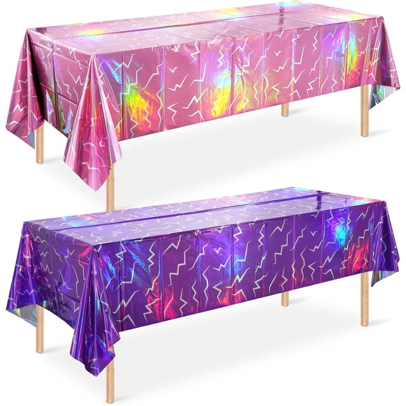 2 Pack Iridescent Pink and Purple Tablecloth, 54 x 108 Inch Holographic Disposable Plastic Table Cover, Rectangle Waterproof Tablecloth for Music Theme Party, Birthday Party