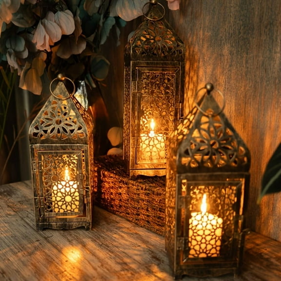 2-Pack Iron Metal Moroccan Style Lanterns, Hollow-Out Projection Art Candle Holders for Festive Tabletop Decor, Halloween, Valentine's, Thanksgiving, Christmas, Home & Kitchen