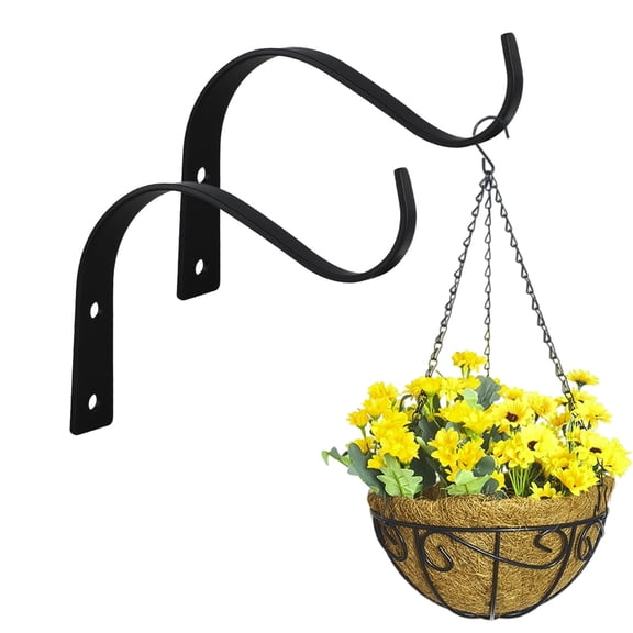 2 Pack Iron Wall Hooks for Hanging Plants, Lanterns & Plant Hanger - Metal Brackets for Bird Feeders, Wind Chimes, String Lights - 4.5 Inch, Rust-Proof, Black