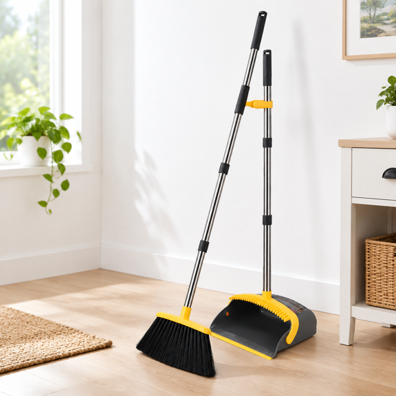 2 Pack Is More Economical Brooms With Dustpanbo Set 52" Long Handle Teeth Self-cleaning Function Indoor And Outdoor Sweeping For