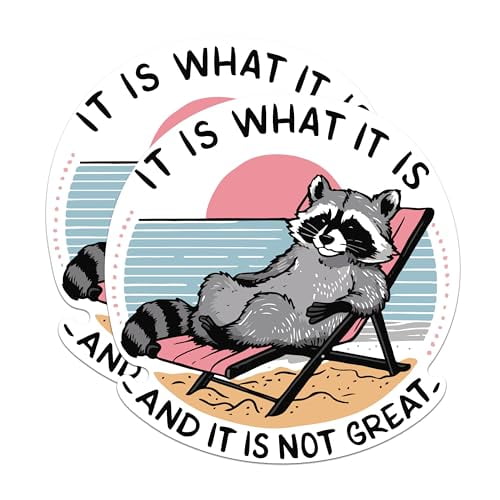 (2 Pack) It is What It is and It is Not Great Stickers - Funny Raccoon Laying on The Beach Stickers - 5" On Longest Side - Premium Vinyl - Sticks to Any Smooth Flat Surface - Made in USA - BMCS2092