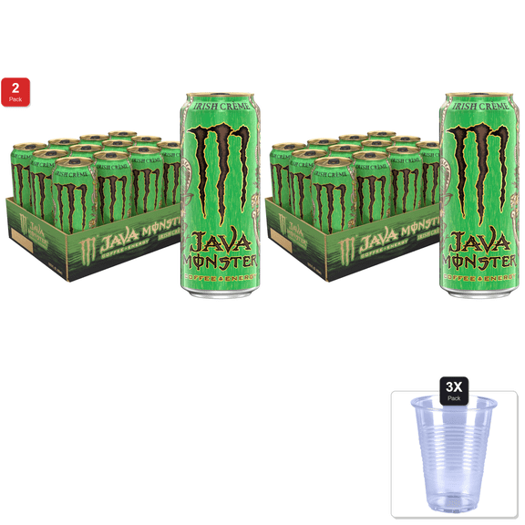 2 Pack | Java Monster Irish Crème, Coffee + Energy Drink, 15 Ounce & 3x 9oz Disposable Plastic Cups