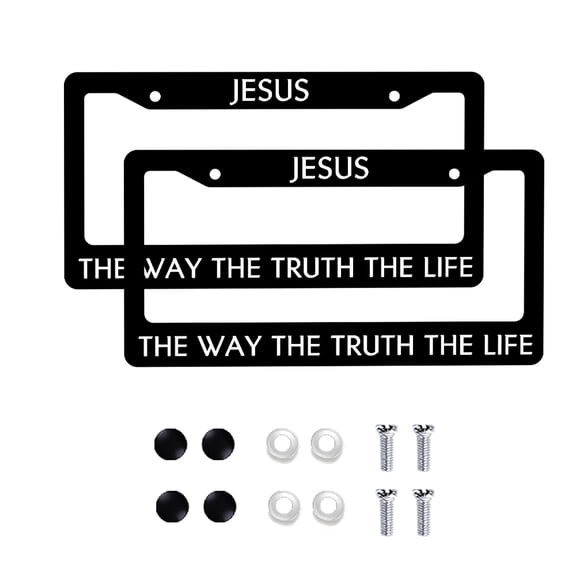2 Pack Jesus License Plate Frames, The Way The Truth The Life Black Metal Car Tag Frame Cover, Standard US License Plate Holder with Accessories for Cars
