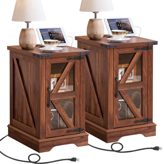 2 Pack Joaxswe Narrow Side Table with Storage Night Stand with USB Ports and Outlets Small Wooden Cabinet for Living Room and Bedroom, Brown
